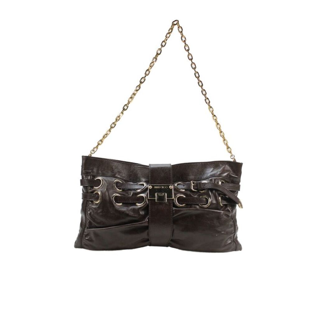 Jimmy Choo Womens Leather Multi-Pocket Chain Strap Shoulder Bag Brown